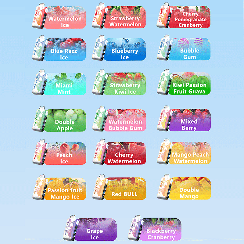A collection of OXVA vape flavors displayed on a blue background, each flavor shown with its corresponding vape device image, including varieties like Watermelon Ice, Blueberry Ice, Kiwi Passion Fruit Guava, Red Bull, and Grape Ice.