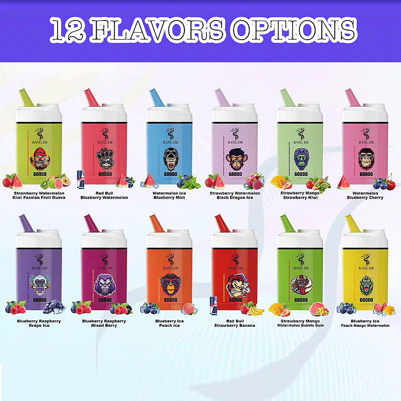 Image showing twelve colorful, illustrated vape devices labeled with various flavor options, arranged in two rows with flavor names and graphical icons for fruits associated with each flavor.