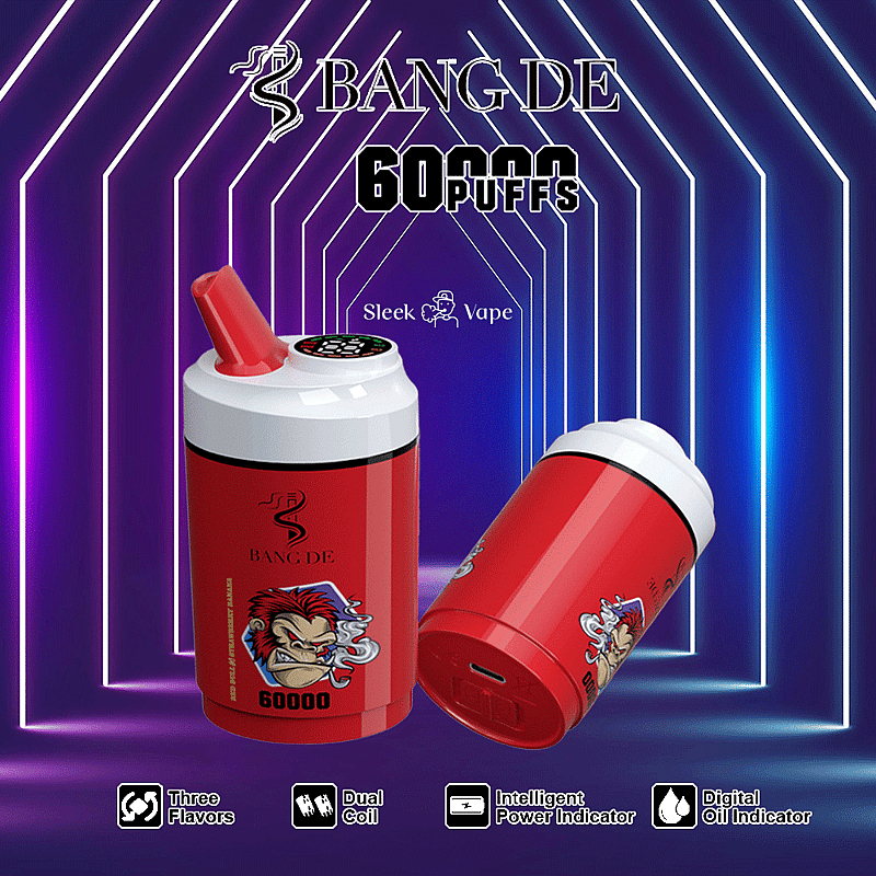 Promotional image of Bang De 60,000-Puff vape device with dual coil and digital oil indicator, shown in red with stylized monkey artwork, placed against a neon-lit background.