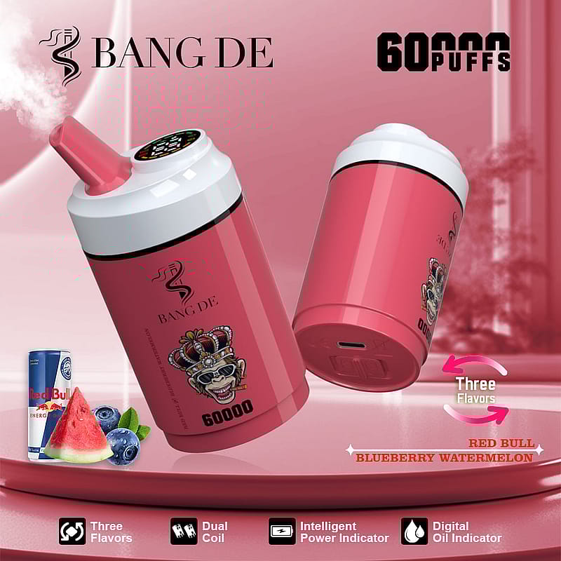 Promotional image for the Bang De vaping device showcasing its 60,000 puff lifespan, three flavors including Red Bull, blueberry, and watermelon, along with features like dual coils, intelligent power indicator, and digital oil indicator. The device is shown in a pink design with a crown emblem and is accompanied by flavor visuals and descriptive icons.