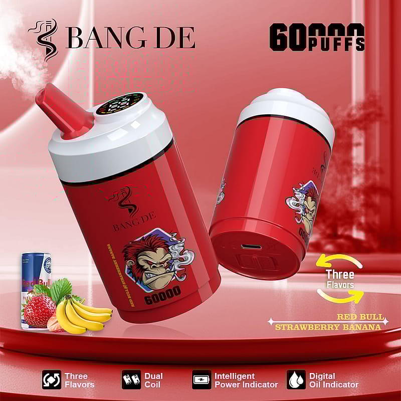 Promotional image of a red Bang De 60000 puffs electronic vaping device, featuring an aggressive monkey logo and highlighting specs like three flavors (Red Bull, strawberry, and banana), a dual coil, intelligent power indicator, and digital oil indicator.