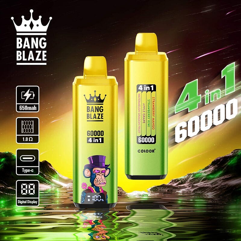 Två Bang Blaze vape-enheter med tecknad apa-konst, med 4-i-1-smakalternativ och en digital display, mot en färgglad och abstrakt bakgrund.