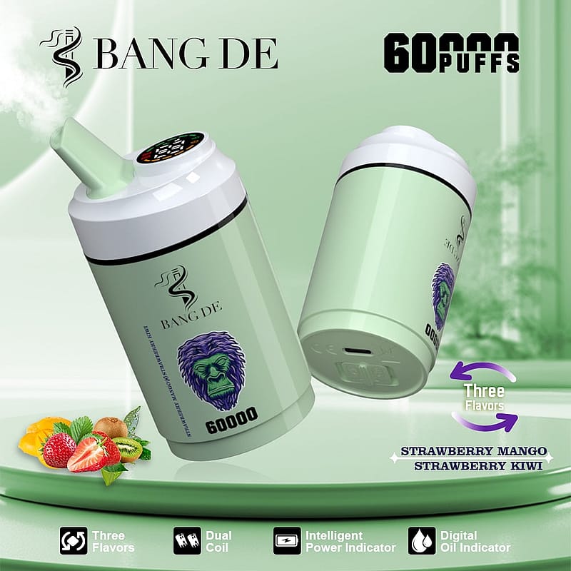 Promotional image of a green Bang De 60000 puffs electronic vaping device, featuring an aggressive monkey logo and highlighting specs like three flavors (Strawberry Mango Strawberry Kiwi), a dual coil, intelligent power indicator, and digital oil indicator.