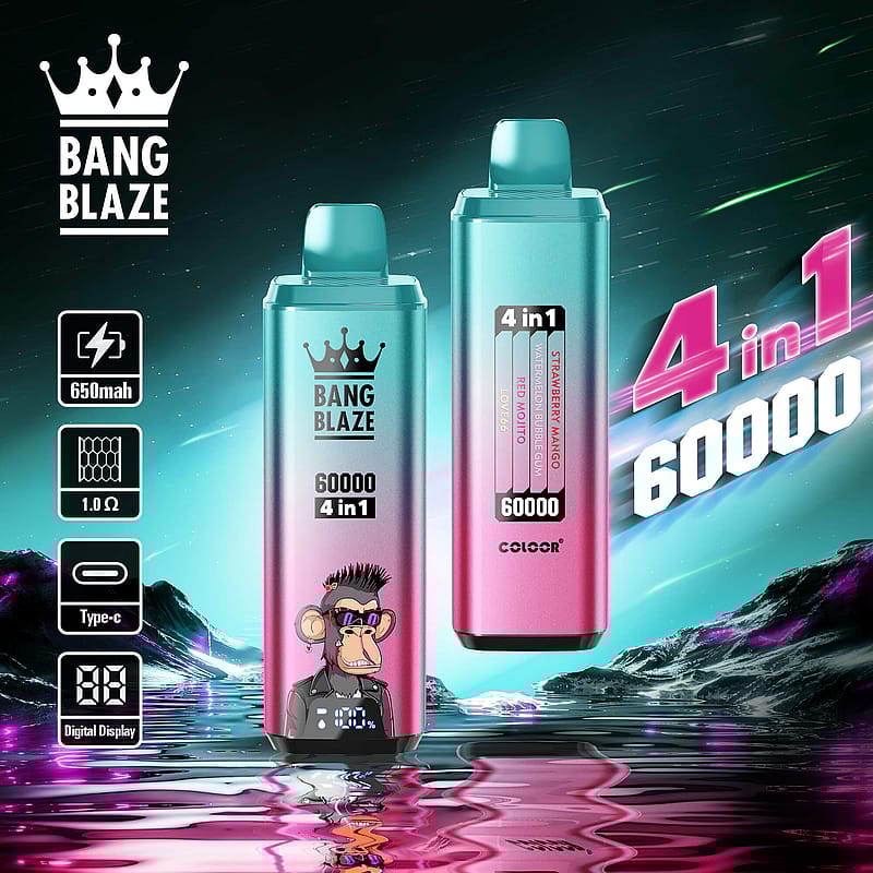 A promotional image for Bang Blaze vaping devices featuring two colorful 4-in-1 models with 60,000 puffs, digital display, Type-C charging, 650mAh capacity, and a monkey graphic, set against a vibrant, futuristic background.