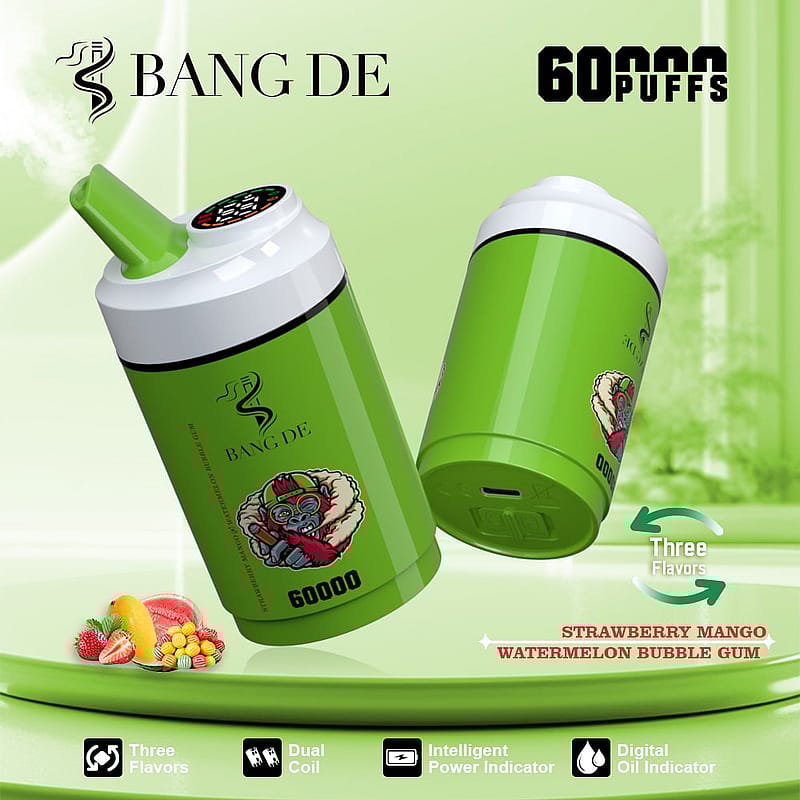 A promotional image featuring a green Bang De vaping device with a sleek cylindrical design, highlighting its capacity of 60,000 puffs and three flavors: strawberry mango, watermelon, and bubble gum.