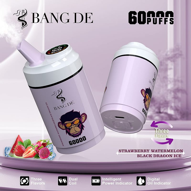 A promotional image featuring a purple Bang De vaping device with a sleek cylindrical design, highlighting its capacity of 60,000 puffs and three flavors: Strawberry Watermelon Black Dragon Ice