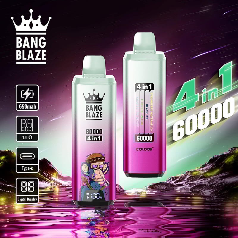 Promotional image featuring two Bang Blaze 4-in-1 electronic vape devices with a 60,000 puff capacity, displayed against a colorful landscape with water reflections and specifications including 650mAh battery, Type-C charging, and digital display.