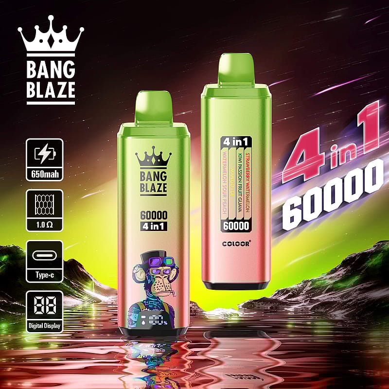 Two Bang Blaze 4-in-1 vape devices with colorful gradients and a digital display, set against a futuristic landscape, feature 60,000 puffs and flavors like strawberry watermelon and kiwi passion fruit guava.