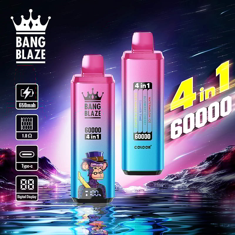 Promotional image of two Bang Blaze vape devices, each featuring a colorful gradient design, with the branding and technical specifications displayed, including a 650mAh battery, Type-C charging, digital display, and 4-in-1 flavor options, set against a vibrant cosmic background.
