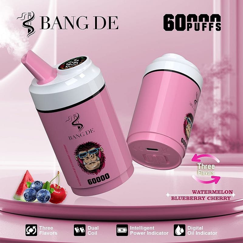 Promotional image for the Bang De vaping device featuring a pink cylindrical design with 60,000-puff capacity, showcasing flavors: watermelon, blueberry, and cherry, and highlighting features such as dual coil, intelligent power indicator, and digital oil monitoring.