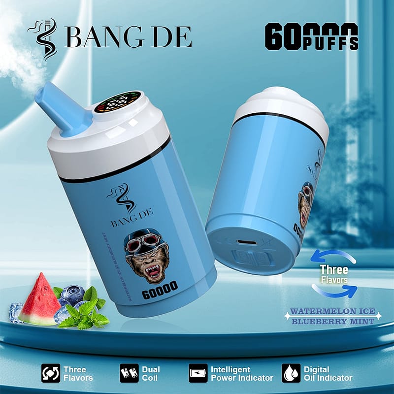 Promotional image showcasing two blue branded vape devices labeled with 'Bang De,' offering 60,000 puffs and features including three flavors, dual coil, intelligent power indicator, and digital oil indicator.