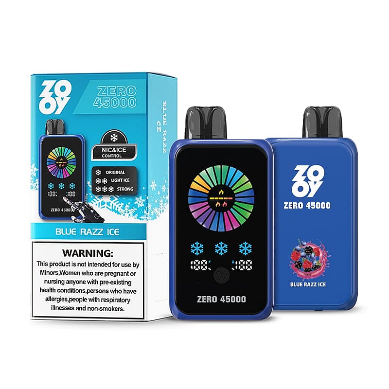 A blue ZOOV Zero 45000 vape device labeled 'Blue Razz Ice' alongside its packaging, featuring a colorful control dial and a warning for specific user groups.