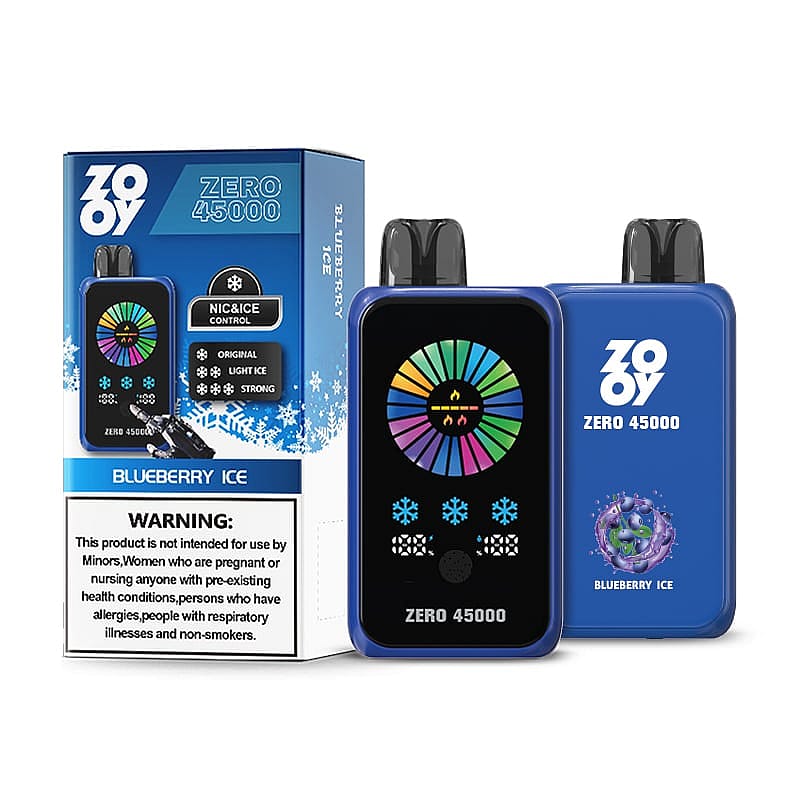 Product image of a ZOOV ZERO 45000 vape device in Blueberry Ice flavor, showing the device and its packaging with a color wheel for NIC & ICE control and a warning label on the box.