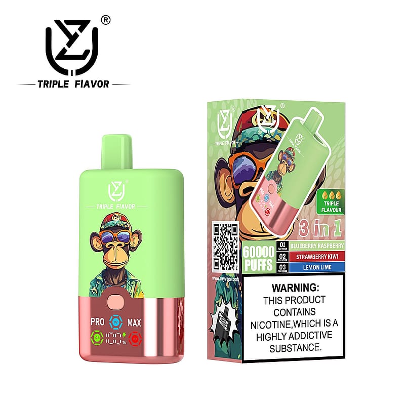 Green and pink vape device labeled 'Triple Flavor' with a cartoon monkey design, alongside its packaging showing flavor details, a '60000 Puffs' text, and a nicotine warning.