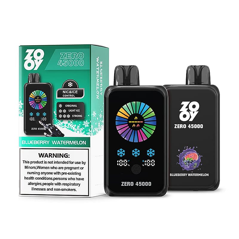 Two electronic vape devices next to their packaging featuring the brand 'ZOY' and 'ZERO 45000,' with a control label for nicotine and ice levels, alongside a warning for minors and non-smokers.