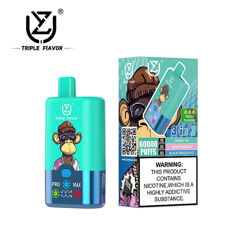 A turquoise vape device labeled 'Triple Fiavor,' featuring a blurred image of a stylized monkey, alongside its packaging describing features like '3 in 1 flavors' and a nicotine warning.