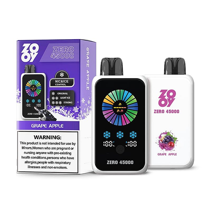 ZOOV Zero 45000 disposable vape device in Grape Apple flavor, featuring a colorful temperature and nicotine control display on the front.