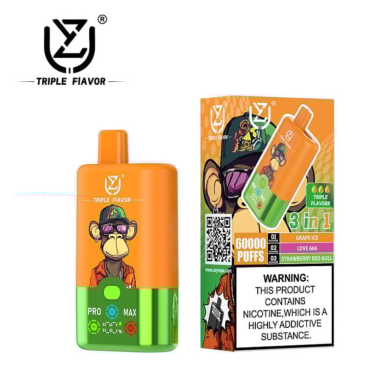 Image de l'appareil de vapotage Triple Flavor et de son emballage, comprenant un appareil orange et vert avec un singe de dessin animé portant des lunettes de soleil et une boîte mettant en évidence les saveurs « 3 en 1 » et un avertissement concernant la nicotine.