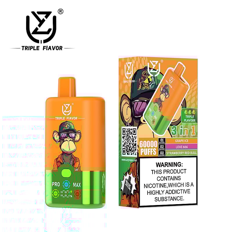 Image of Triple Flavor vaping device and its packaging, featuring an orange and green device with a cartoon monkey wearing sunglasses, and a box highlighting '3 in 1' flavors and a nicotine warning.