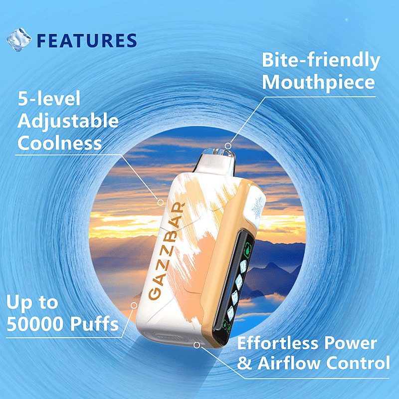 Promotional image of a Gazzbar vaping device with features including a bite-friendly mouthpiece, 5-level adjustable coolness, up to 50,000 puffs, and effortless power and airflow control.