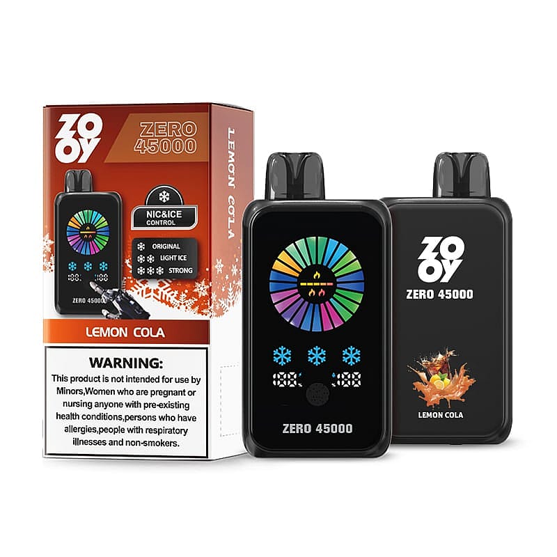 Image of ZOOY Zero 45000 Lemon Cola flavored e-cigarette packaging showing a black device with a colorful display and warning text for use restrictions.