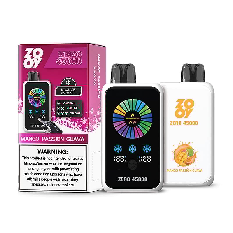 A ZOOV vape device with packaging detailing mango passion guava flavor, featuring colorful icon graphics and a warning about intended users.