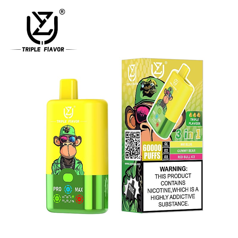 A colorful vape device alongside its packaging, featuring a stylized monkey illustration and labeled with 'Triple Flavor' branding and specifications.