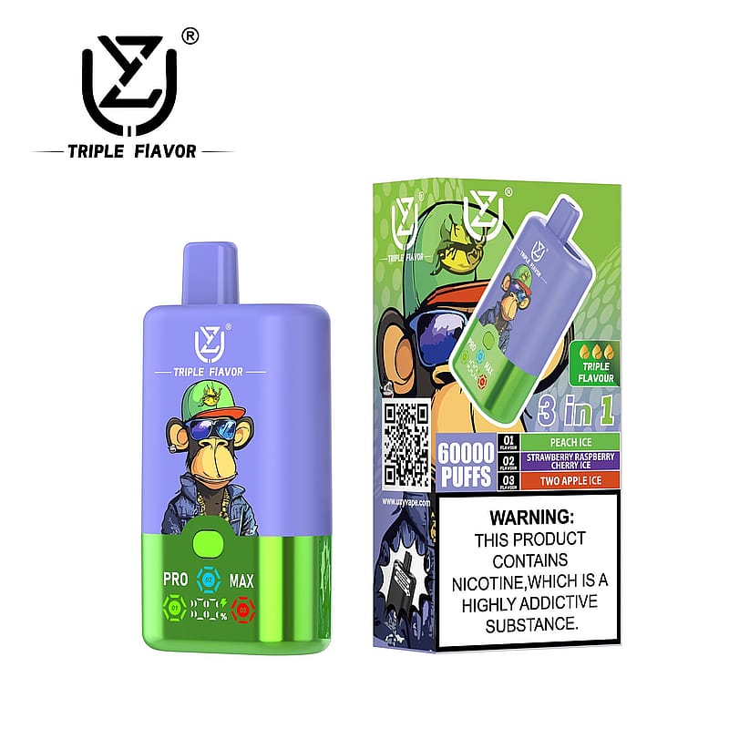 Triple Flavour branded vape device and packaging featuring a cartoon ape with sunglasses and a cap, offering 60,000 puffs in three flavors: Peach Ice, Strawberry Raspberry Cherry Ice, and Two Apple Ice, with a warning about nicotine being addictive.