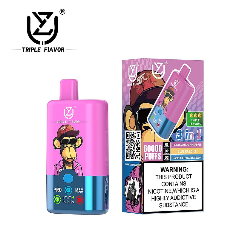 A brightly colored electronic vape device with an illustration of a monkey wearing sunglasses on the front, displayed alongside its packaging that includes flavor names, the puff capacity of 60000 puffs, and a nicotine addiction warning label.