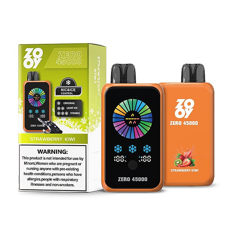 Zooy Zero 45000 e-cigarette with strawberry kiwi flavor featuring a colorful control panel for nicotine and ice levels, displayed alongside its packaging which includes usage warnings.
