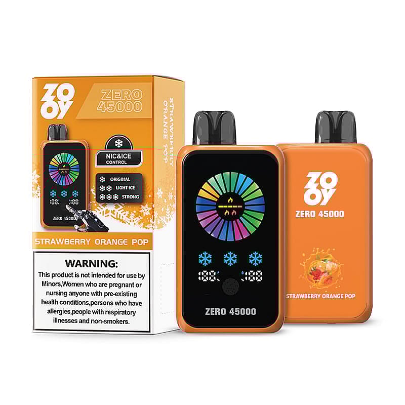 Orange-colored vaping device and its box labeled 'Zero 45000 Strawberry Orange Pop,' featuring nicotine and ice control levels with a warning about usage restrictions.