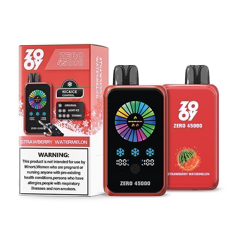 Image of Zooy Zero 45000 vaping device packaging in strawberry watermelon flavor, displaying colorful control settings on the device and a health warning box on the package.
