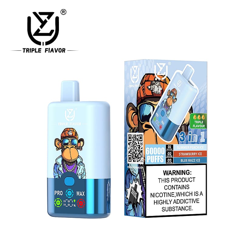 Triple Flavor vape product featuring a rectangular device with a blue gradient design, illustrated monkey logo wearing sunglasses, and package showing '60000 puffs' with three flavors: Summer Peach Ice, Strawberry Ice, and Blue Razz Ice. Includes nicotine warning.