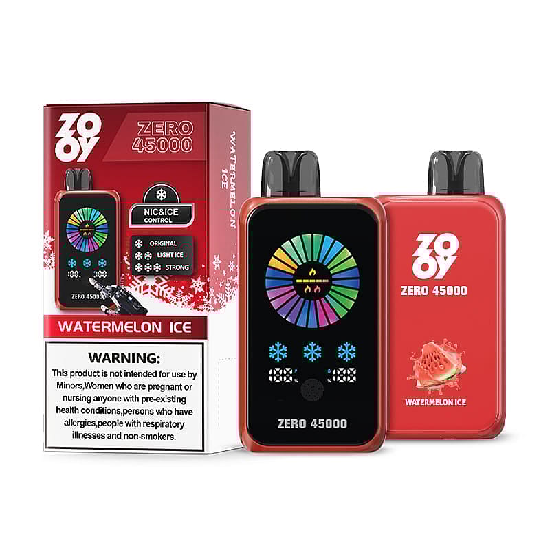 A Zooy Zero 45000 vape device in red featuring a multicolor control panel with settings for original, light ice, and strong nicotine; displayed alongside its packaging labeled 'Watermelon Ice.'