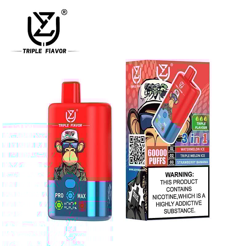 Image présentant un appareil de vapotage Triple Flavor rouge et bleu avec un graphisme de singe stylisé, à côté de son emballage détaillant les saveurs, le nombre de bouffées et l'avertissement de nicotine.