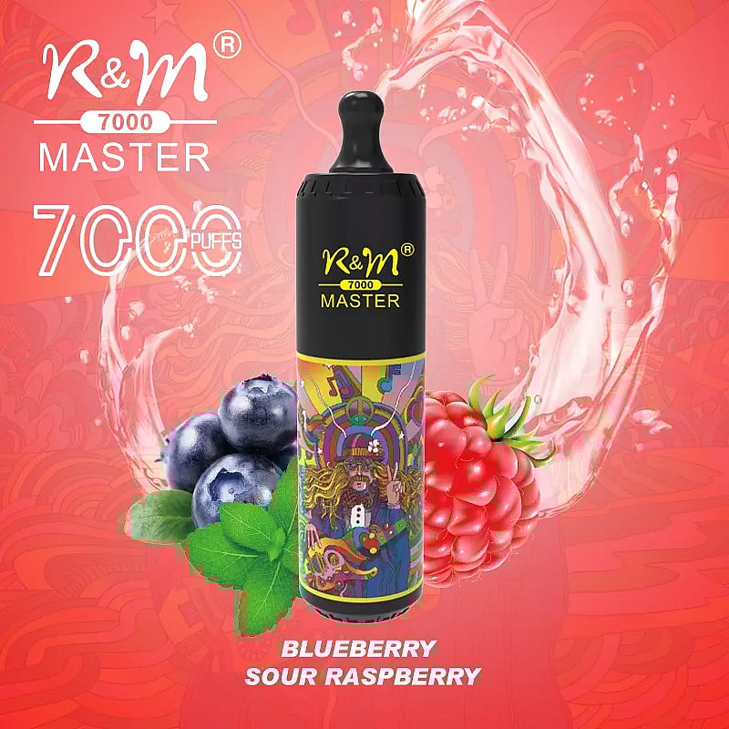 Vapeador desechable R&M Master 7000 con sabor a frambuesa ácida y arándanos, que presenta un diseño colorido y promueve 7000 caladas.
