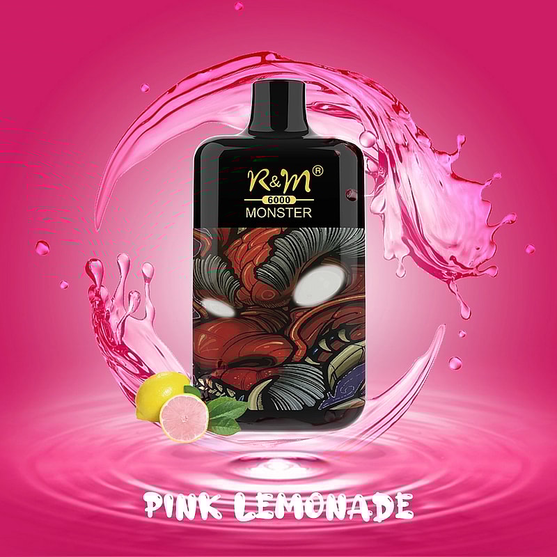 Dispositivo de vapeo R&M Monster con un diseño demoníaco en el frente, rodeado de salpicaduras de limonada rosa y una rodaja de limón.