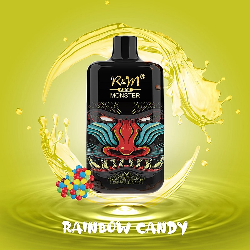 Una botella negra etiquetada "K&M 6000 Monster" con un diseño de cara de monstruo feroz y colorido, sobre un fondo amarillo con efecto de salpicadura y pequeñas bolas de caramelo de colores, el texto dice "Rainbow Candy".
