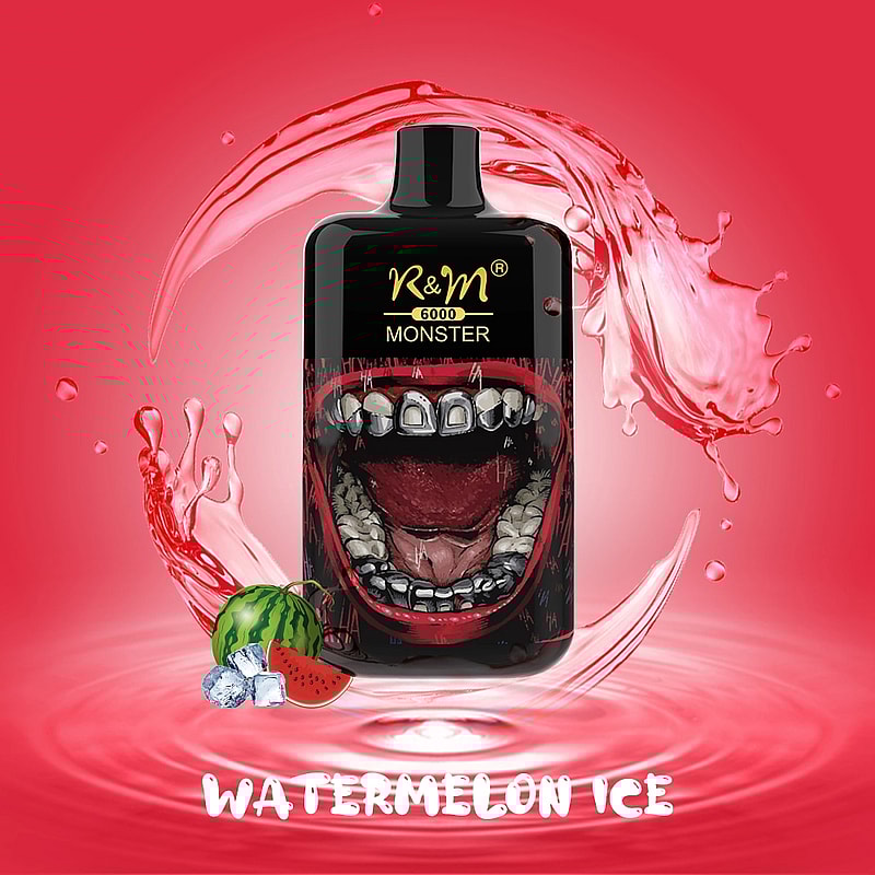 Dispositivo de vapeo negro con un dibujo de una boca abierta que muestra dientes afilados, rodeada de un líquido rosa que salpica y acompañada de imágenes de sandías y cubitos de hielo. El texto dice "R&M 6000 MONSTER" y "WATERMELON ICE".