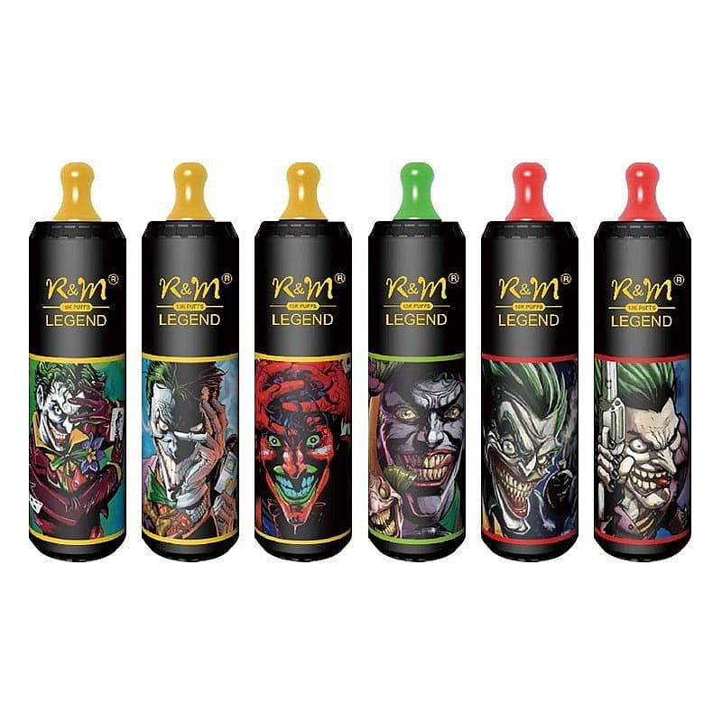 Sei dispositivi di svapo cilindrici con disegni colorati ispirati ai cartoni animati di Joker e bocchini colorati in giallo, verde e rosso.