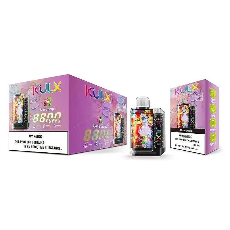 KULX Einweg-Vape-Verpackung mit "Alone grape"-Geschmack, mit 8800 Zügen und einem Warnhinweis über Suchtmittel.