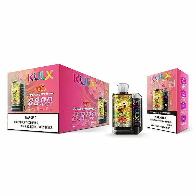 KulX Einweg-Vape-Verpackung mit Erdbeer-Wassermelonen-Geschmack, 8800 Zügen und einem Warnhinweis, dass das Produkt eine süchtig machende Substanz enthält.
