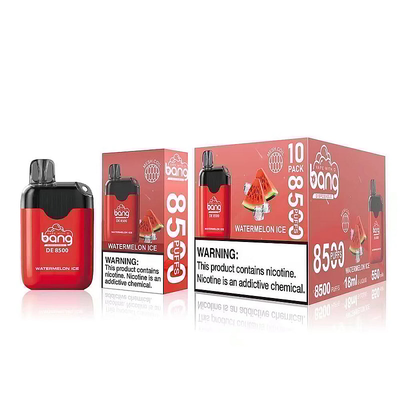 Stylo à vapeur jetable et emballage avec un arôme de pastèque, étiqueté "Bang DE 8500" et avertissant que la nicotine est un produit chimique qui crée une dépendance.