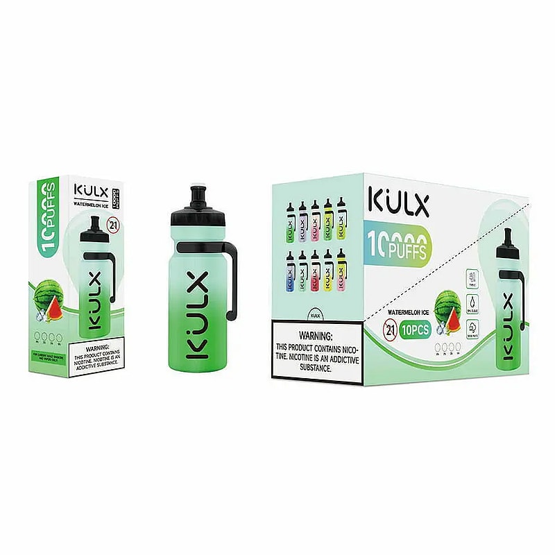 A vape device shaped like a green water bottle labeled "KULX," alongside its packaging box showing the flavor "Watermelon Ice" and a pack of 10, with a nicotine warning label.
