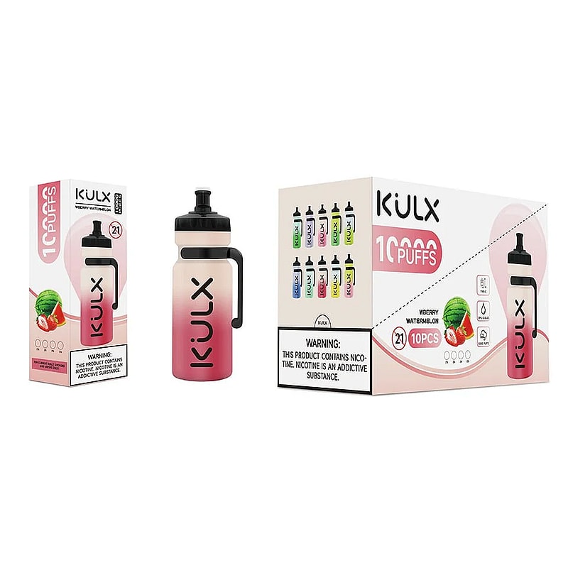 KULX vape device in a bottle shape with a box displaying the "10,000 puffs" text, flavor "Weberry Watermelon," and a nicotine warning label.