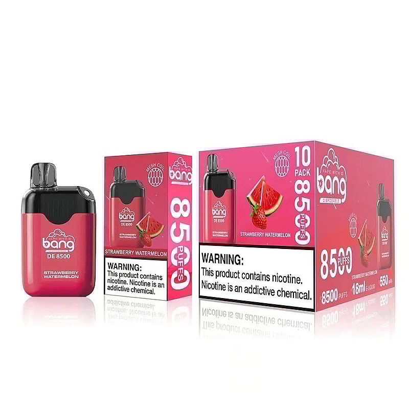 Emballage jetable rouge "Bang" étiqueté "Strawberry Watermelon" et "8500 Puffs". L'étiquette d'avertissement indique : "Ce produit contient de la nicotine. La nicotine est un produit chimique qui crée une dépendance."