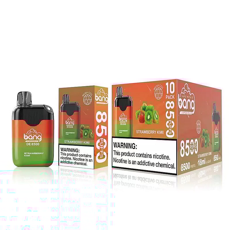 Bang DE 8500, vaporisateur jetable au goût de fraise et de kiwi, avec emballage, comportant des avertissements sur la teneur en nicotine.