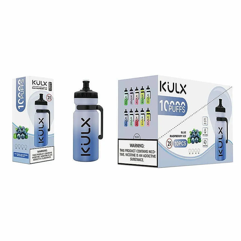 KULX disposable vape device with 10,000 puffs in Blue Raspberry Ice flavor, shown with packaging displaying various available flavors and a nicotine warning label.