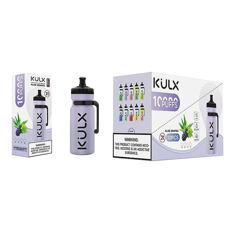A purple and black vape device labeled "KULX" with "10000 puffs" and "Aloe Grapes" flavor, displayed next to its packaging and a larger box featuring multiple flavor options.