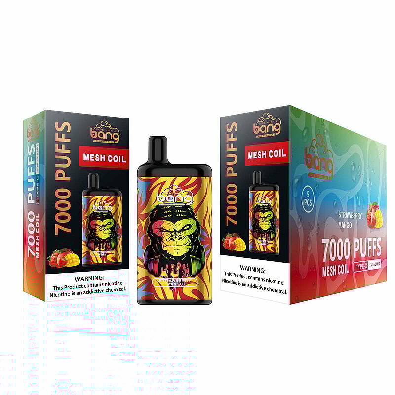 Confezione e dispositivo di svapo per Bang vape monouso con capacità di 7000 puff, con un colorato disegno illustrato di un gorilla. Il gusto indicato è fragola e mango. L'avvertenza sulla dipendenza da nicotina è presente sul fondo della confezione.
